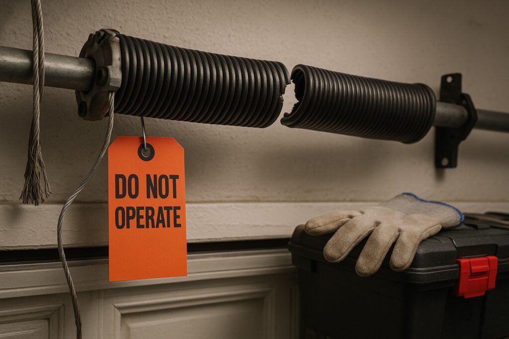 Broken garage door spring with “Do Not Operate” tag, indicating urgent need for emergency garage door repair.
