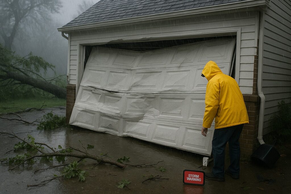 Man in yellow raincoat inspecting storm-damaged garage door during heavy rain, urgently needing emergency garage door repair.