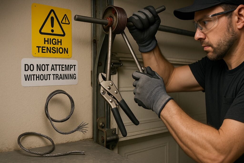 Professional technician repairing a high-tension garage door cable near warning signs, emphasizing that garage door cable replacement should not be attempted without proper training.