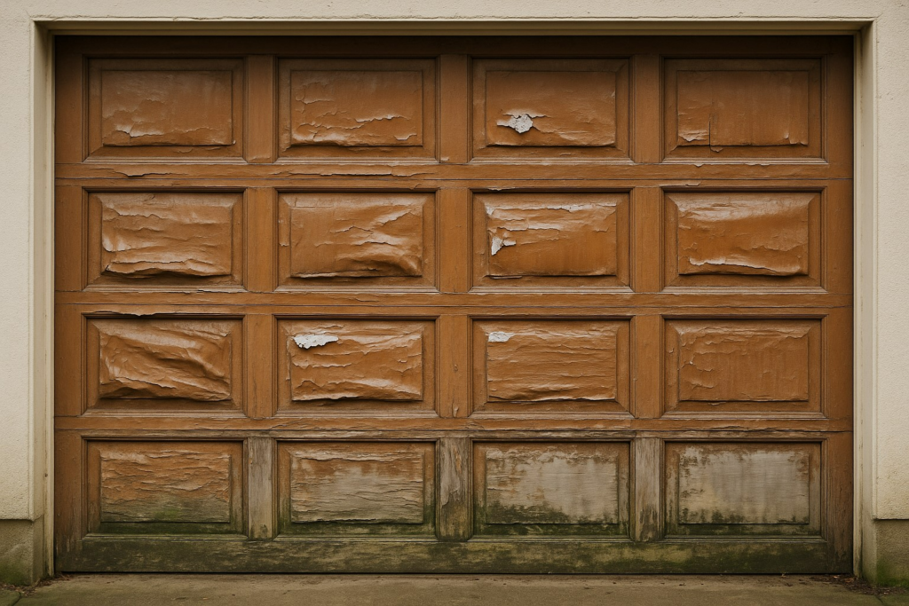 Damaged wooden garage door with peeling paint in need of garage door repairs.