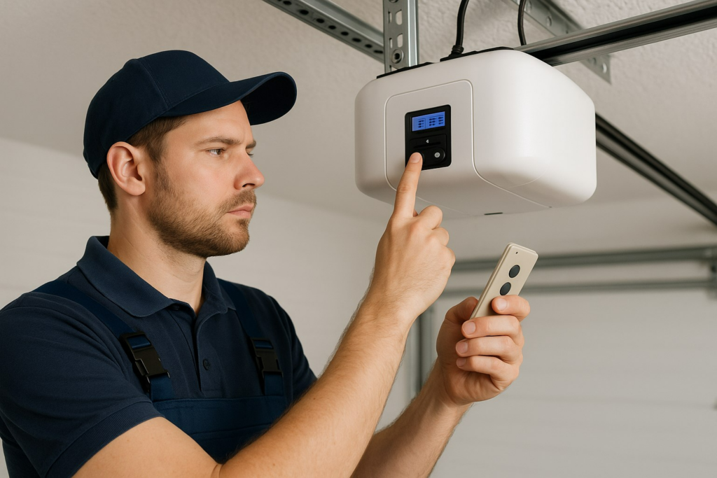Technician adjusting a smart garage door opener during garage door repairs.