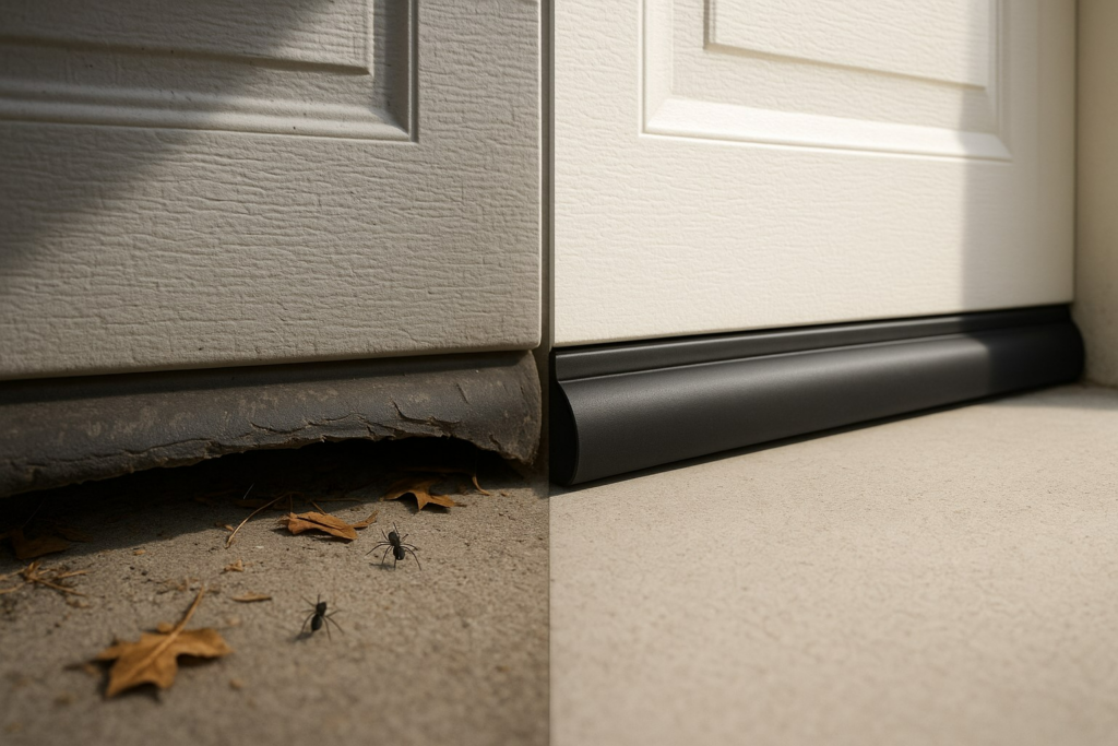 Comparison of damaged and new garage door weather stripping showing how proper seals block pests and drafts.