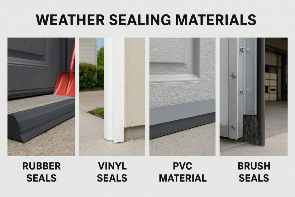 Different garage door weather stripping materials including rubber seals, vinyl seals, PVC material, and brush seals.