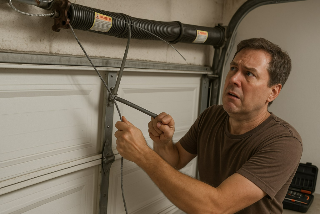 Man attempting dangerous DIY fix on broken garage door cable, showing risks instead of hiring professional to repair garage door.