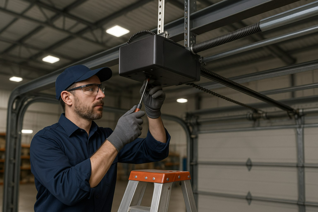 Technician performing commercial garage door repair by adjusting opener system.