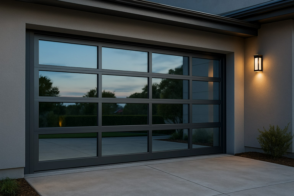 Glass panel modern garage doors with sleek frame on contemporary home.