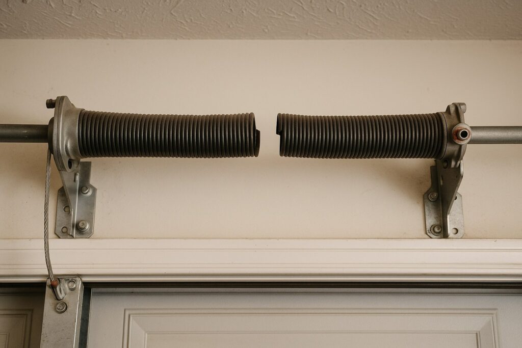 Close-up of a broken torsion spring on a garage door, showing a clean separation in the coil that indicates the need for immediate professional repair.