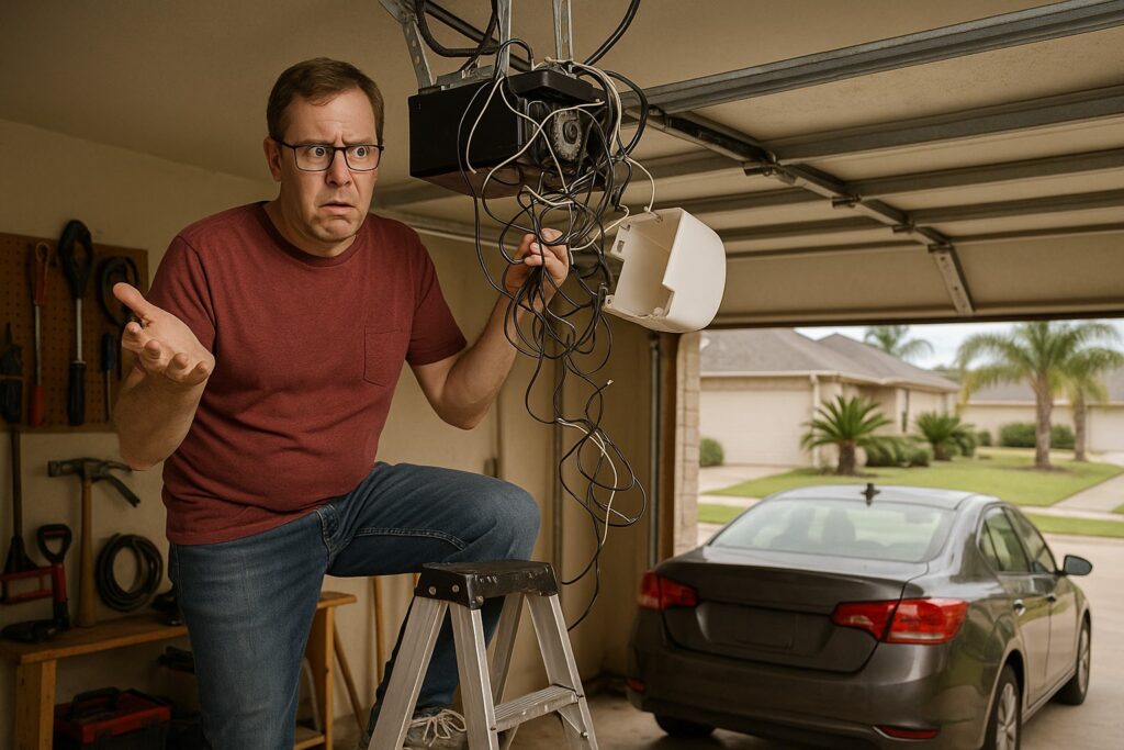Confused man on ladder attempting garage door opener repair with tangled wires in residential garage.