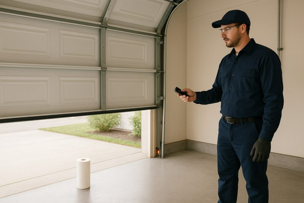 A technician tests automatic garage doors using a remote while a paper towel roll blocks the safety sensor.
