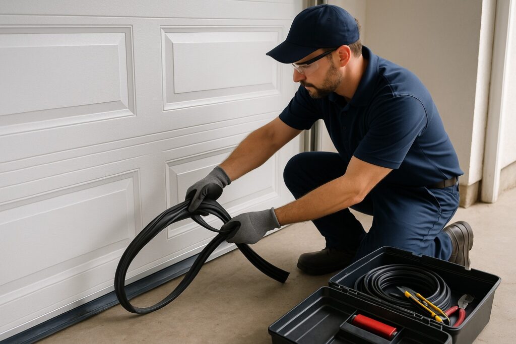 Garage door repair technician replacing the bottom seal on a residential garage door.