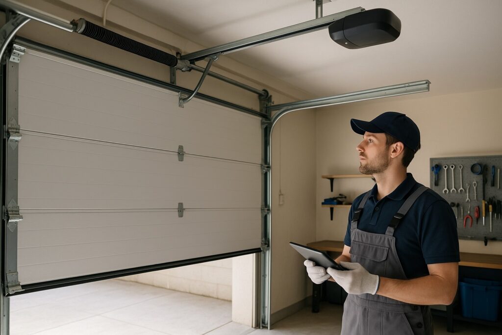 Garage door repair technician inspecting a residential overhead garage door.